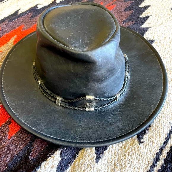 Minnetonka Accessories - Black leather Minnetonka hat with trim